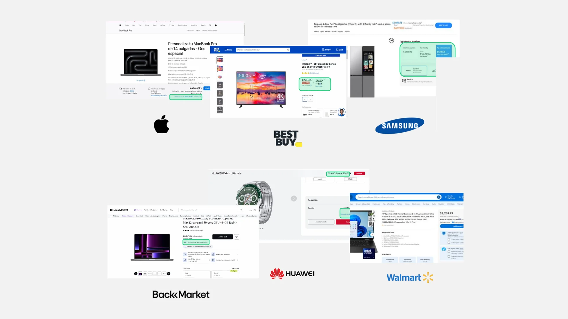 Benchmark of financing on product pages at Apple, Best Buy, Samsung, Back Market, Huawei and Walmart