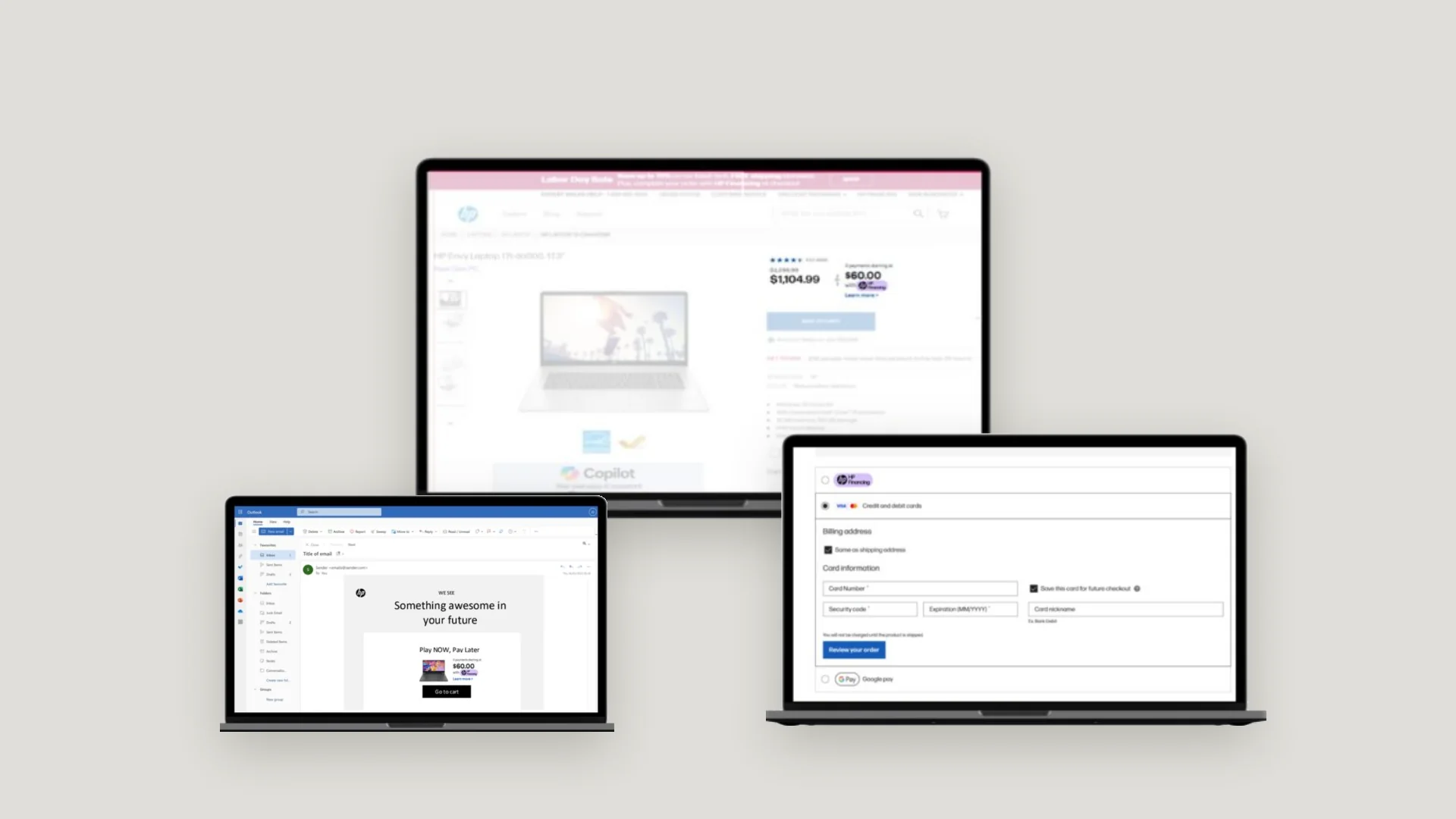 HP.com product page, reminder email and checkout on three laptops