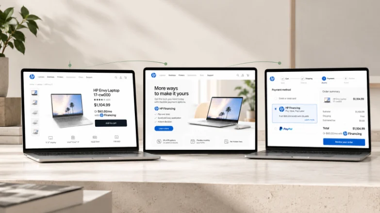 HP.com product page, cart and checkout with financing options on three laptops