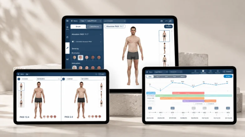 SAM clinical case app on three tablets showing a 3D patient avatar and a treatment timeline