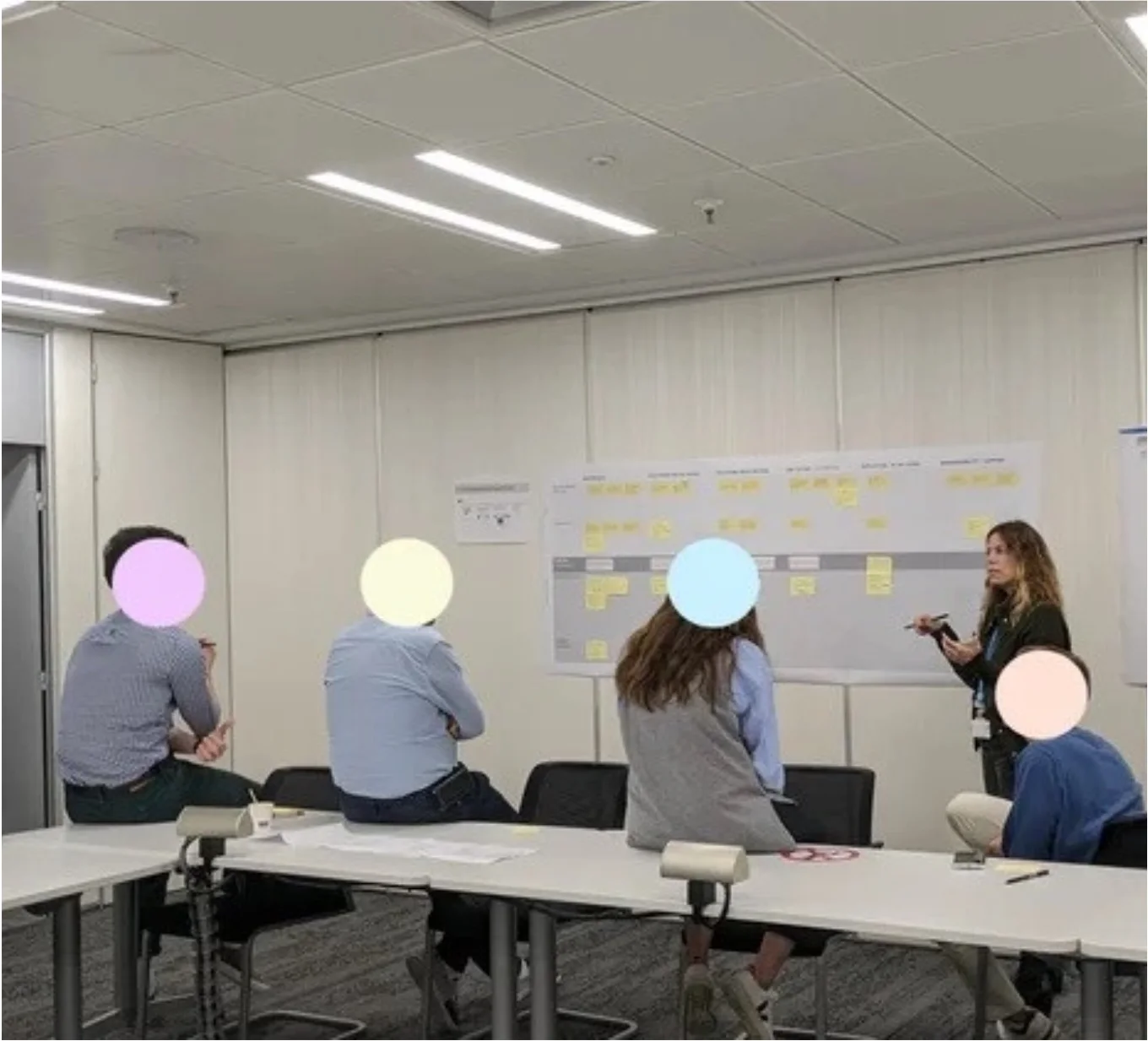 Workshop with a team in front of a wall of sticky notes